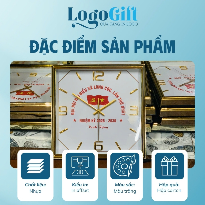 Đồng hồ treo tường in logo vuông xi vàng số cọc 35cm LG-ĐH24