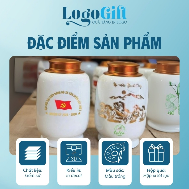 Hũ đựng trà quà tặng Đại hội in logo dáng trụ 200g LG-HĐT05