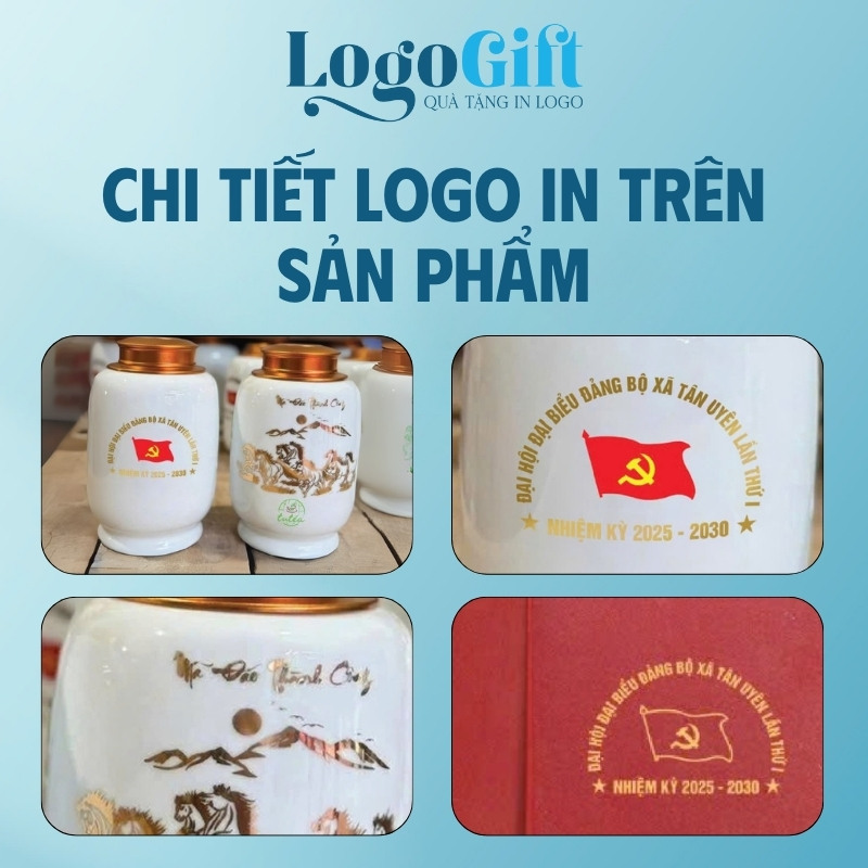 Hũ đựng trà quà tặng Đại hội in logo dáng trụ 200g LG-HĐT05