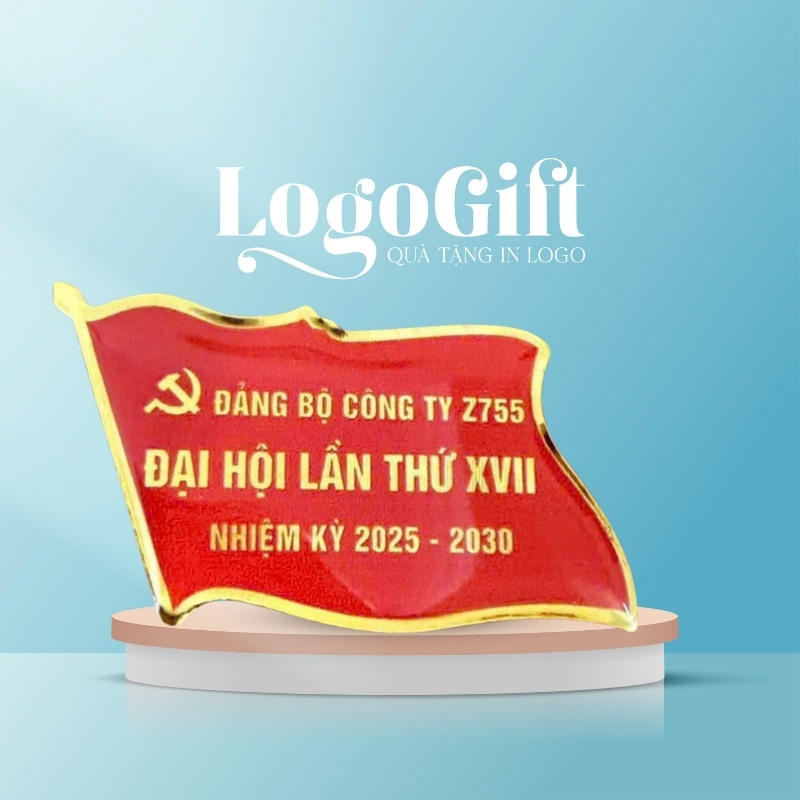 Huy hiệu in logo quà tặng Đại Hội đổ keo màu đỏ LG-HH05
