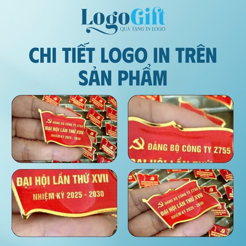 Huy hiệu in logo quà tặng Đại Hội đổ keo màu đỏ LG-HH05
