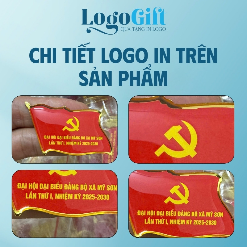 Huy hiệu quà tặng Đại Hội in logo đổ keo màu đỏ LG-HH01