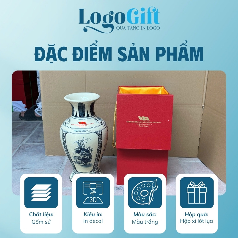 In logo lên bình hoa quà tặng Đại Hội dáng đùi dế LG-LH10