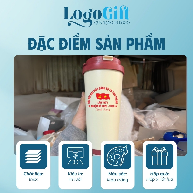 Ly giữ nhiệt quà tặng Đại hội in logo nắp bật màu trắng - đỏ LG-LGN09