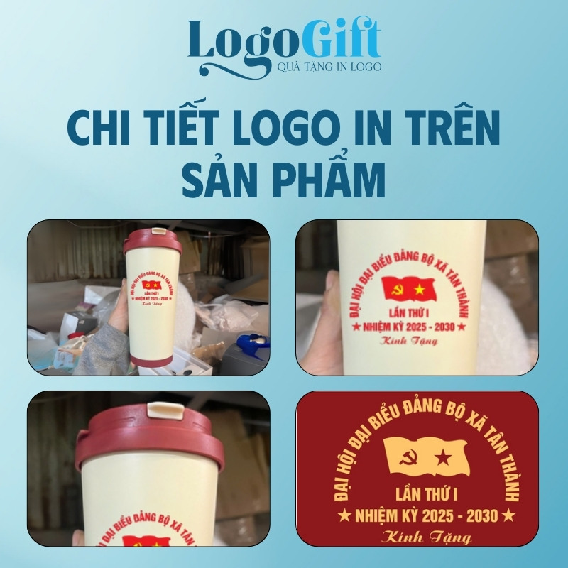 Ly giữ nhiệt quà tặng Đại hội in logo nắp bật màu trắng - đỏ LG-LGN09