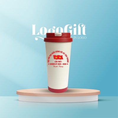 Ly giữ nhiệt quà tặng Đại hội in logo nắp bật màu trắng - đỏ LG-LGN09