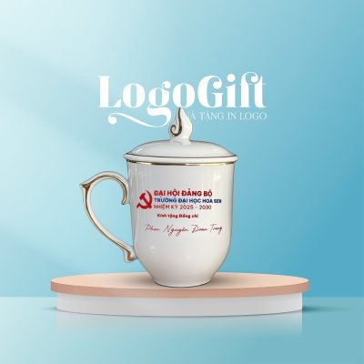 In logo lên ly sứ quà tặng Đại Hội dáng ngọn lửa có nắp 350ml LG-CS13