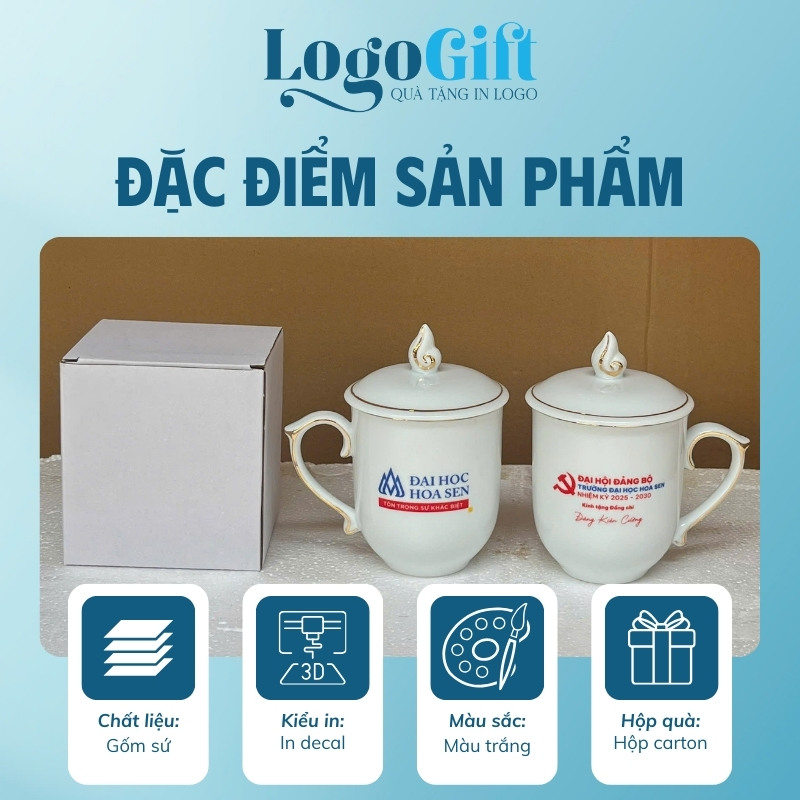 In logo lên ly sứ quà tặng Đại Hội dáng ngọn lửa có nắp 350ml LG-CS13