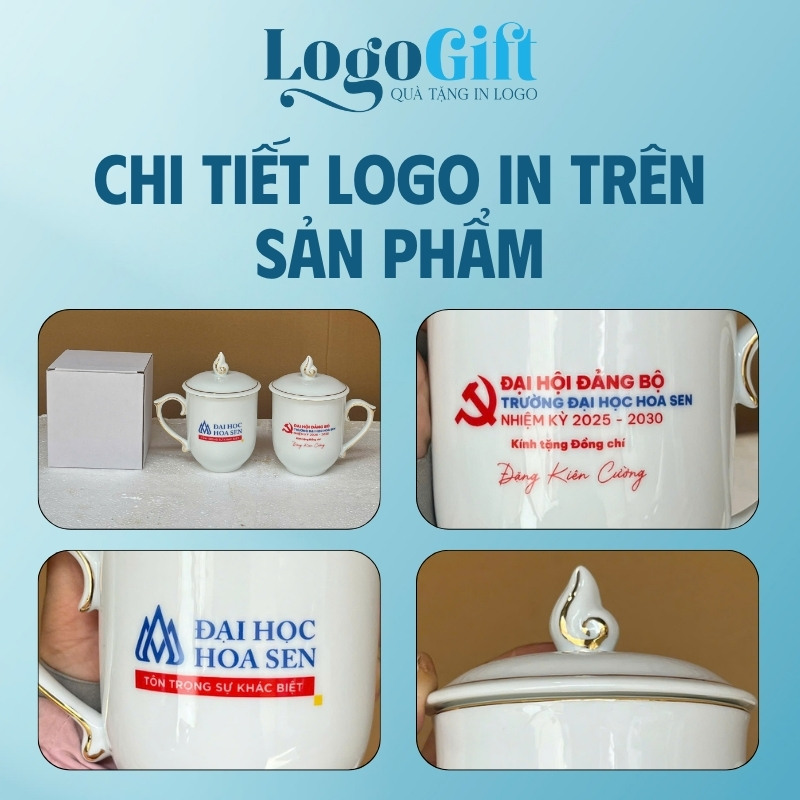 In logo lên ly sứ quà tặng Đại Hội dáng ngọn lửa có nắp 350ml LG-CS13