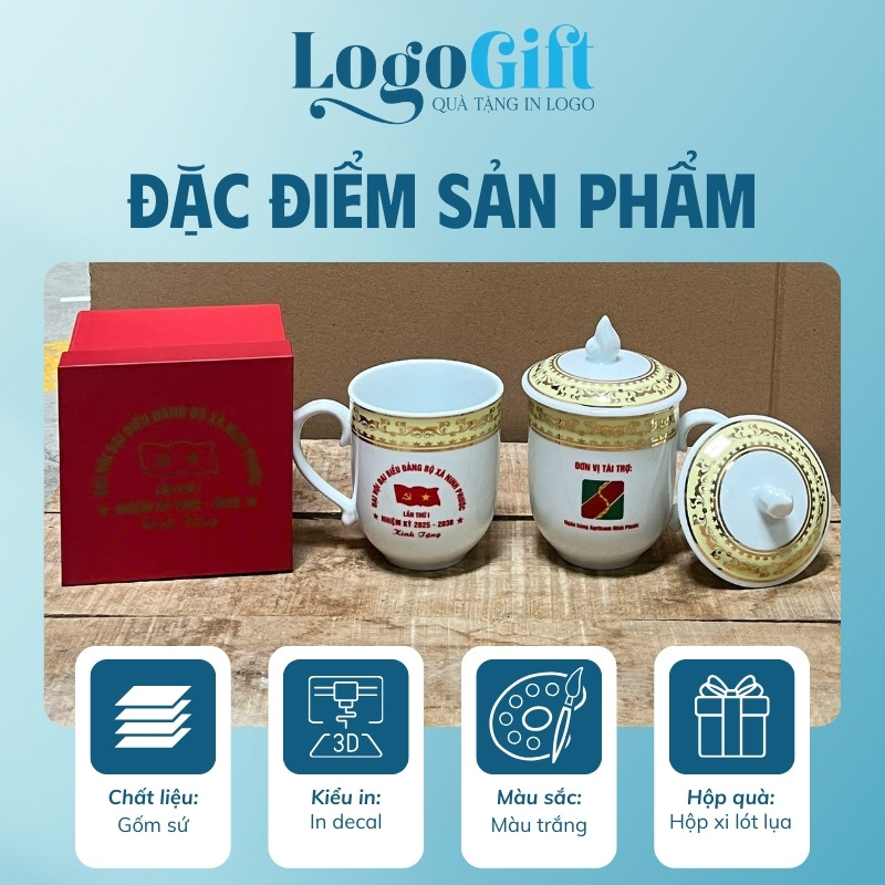 Ly sứ quà tặng Đại Hội in logo dáng ngọn lửa có nắp quai bán tim 350ml LG-CS08