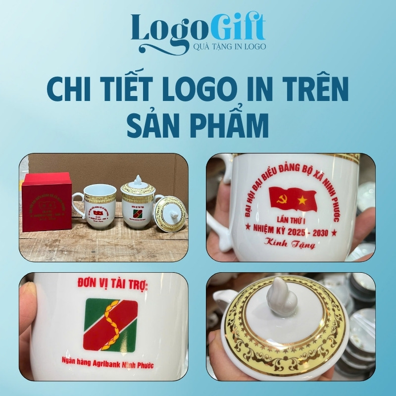 Ly sứ quà tặng Đại Hội in logo dáng ngọn lửa có nắp quai bán tim 350ml LG-CS08