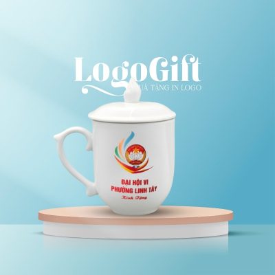 Ly sứ in logo quà tặng Đại Hội dáng ngọn lửa có nắp 350ml LG-CS09