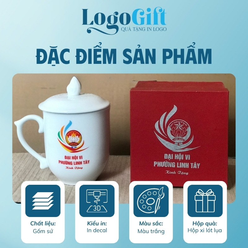 Ly sứ in logo quà tặng Đại Hội dáng ngọn lửa có nắp 350ml LG-CS09