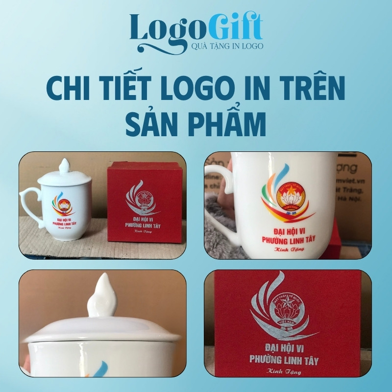 Ly sứ in logo quà tặng Đại Hội dáng ngọn lửa có nắp 350ml LG-CS09