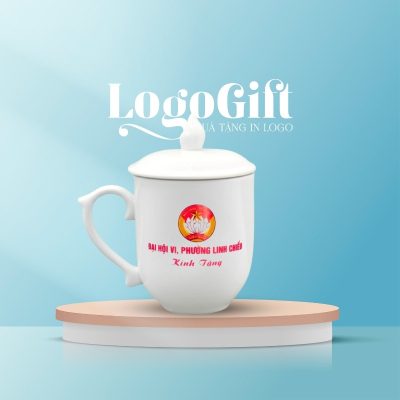 In logo lên ly sứ quà tặng Đại Hội dáng ngọn lửa có nắp 350ml LG-CS11