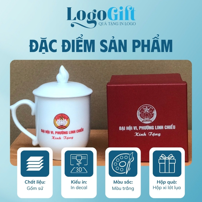 In logo lên ly sứ quà tặng Đại Hội dáng ngọn lửa có nắp 350ml LG-CS11