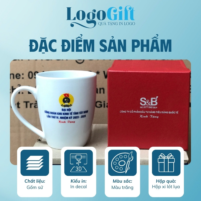 Cốc sứ in logo quà tặng Đại Hội dáng thóp quai bán tim 300ml LG-CS07