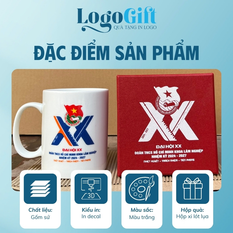 Quà tặng Đại Hội in logo ca sứ dáng trụ quai C 500ml LG-CS06