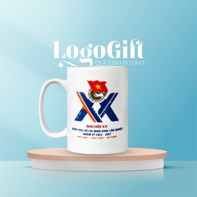 CQuà tặng Đại Hội in logo ca sứ dáng trụ quai C 500ml LG-CS06