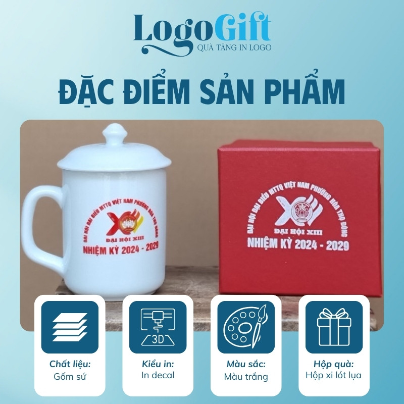 Quà tặng Đại Hội in logo ly sứ dáng trụ quai vuông có nắp 350ml LG-CS10