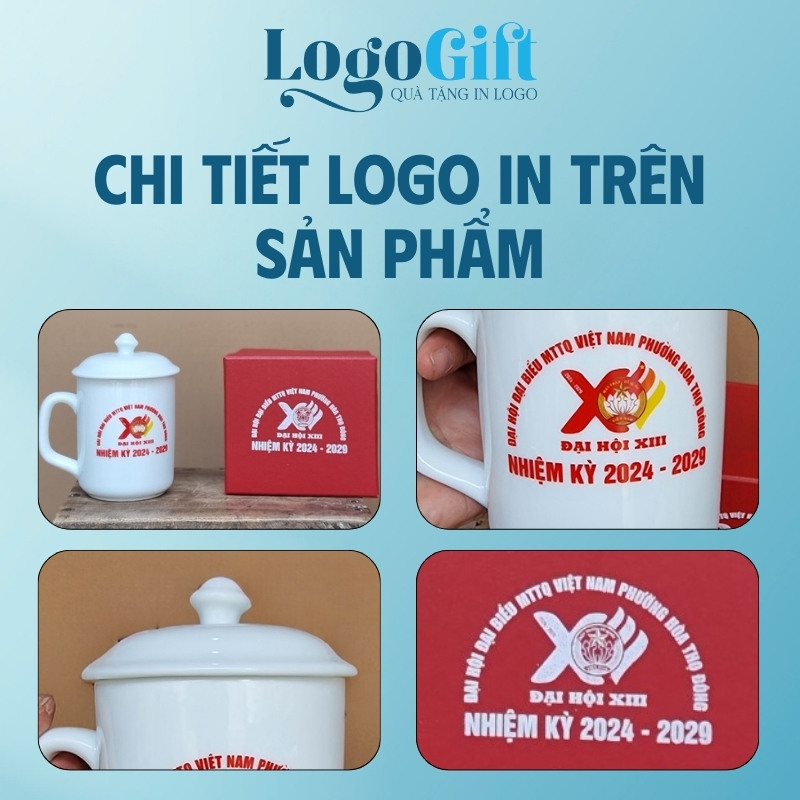 Quà tặng Đại Hội in logo ly sứ dáng trụ quai vuông có nắp 350ml LG-CS10