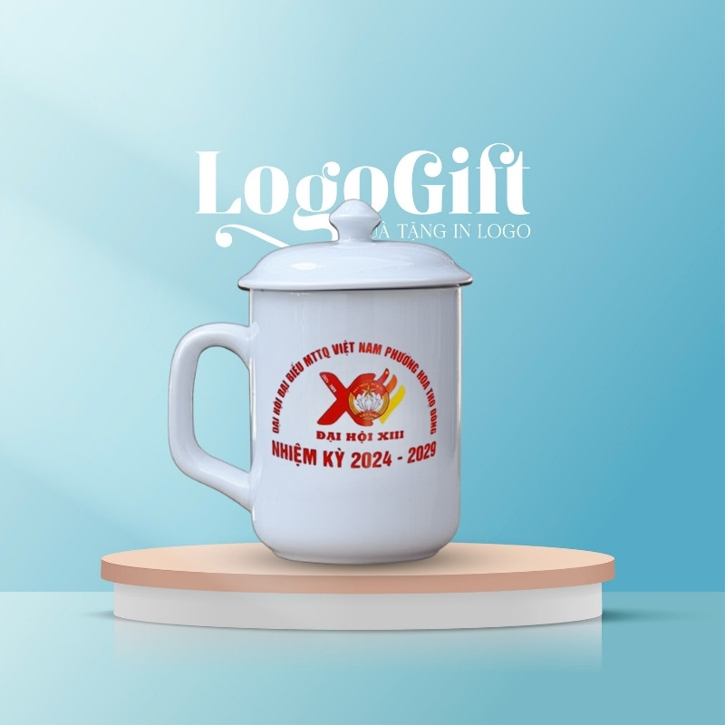 Quà tặng Đại Hội in logo ly sứ dáng trụ quai vuông có nắp 350ml LG-CS10