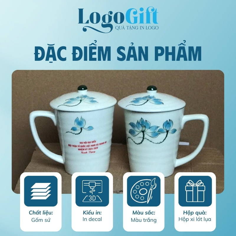 Ly sứ quà tặng Đại Hội in logo họa tiết hoa sen xanh 350ml LG-CS05