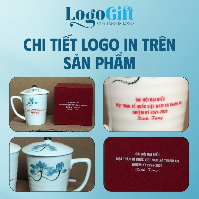 Ly sứ quà tặng Đại Hội in logo họa tiết hoa sen xanh 350ml LG-CS05