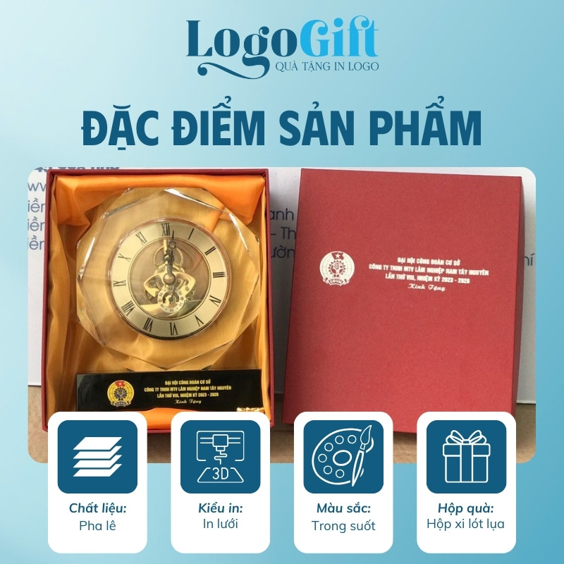 Đồng hồ để bàn quà tặng Đại hội in logo pha lê tròn 13x17cm LG-ĐH18