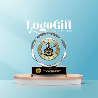 Đồng hồ để bàn quà tặng Đại hội in logo pha lê tròn 13x17cm LG-ĐH18