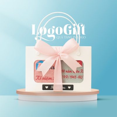 Set khăn quà tặng Đại hội thêu logo vải 2 màu xám và hồng LG-KT04