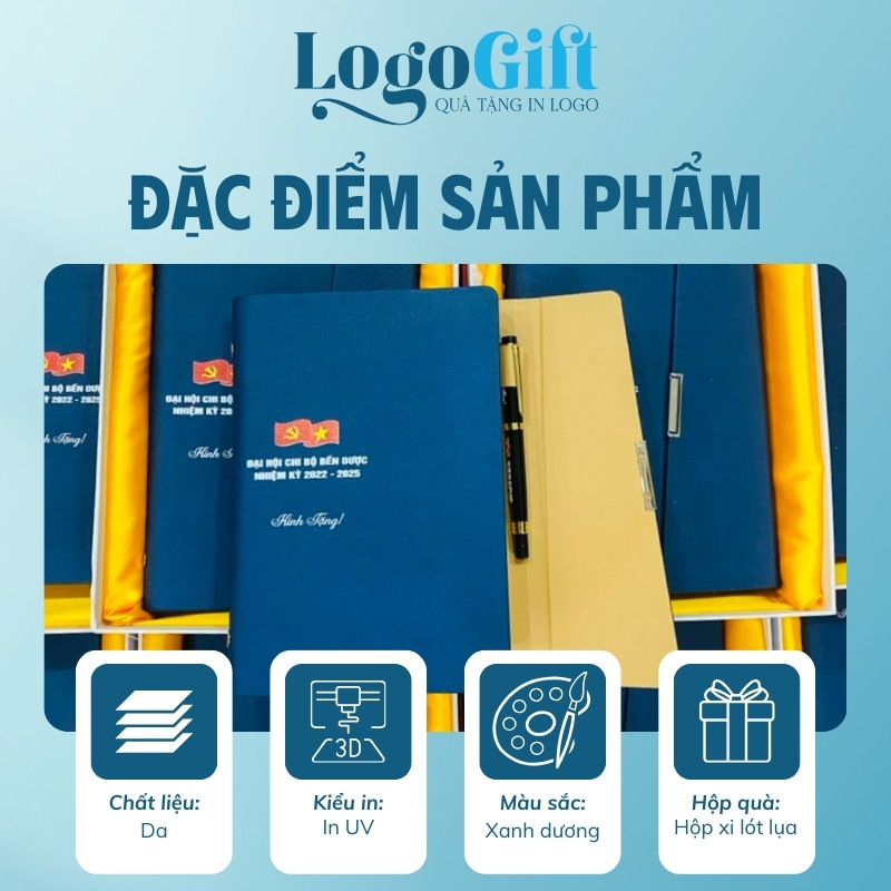 Sổ da in logo quà tặng Đại Hội còng 3 khúc chéo LG-SD07