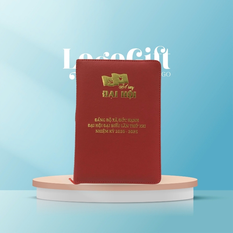 Quà tặng Đại Hội in logo sổ da dán gáy màu đỏ LG-SD06