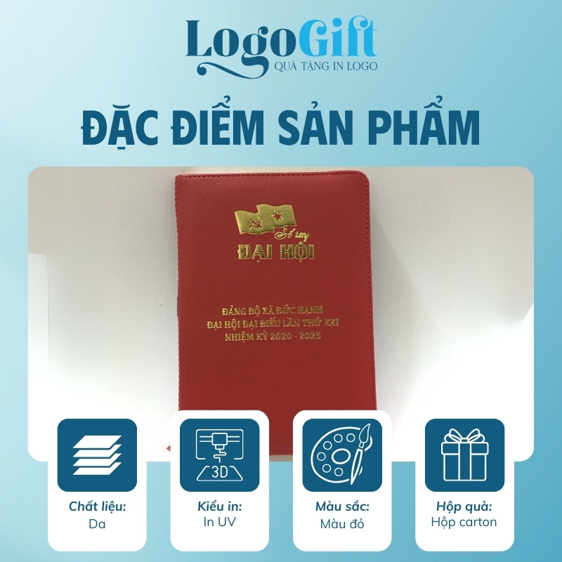 Quà tặng Đại Hội in logo sổ da dán gáy màu đỏ LG-SD06