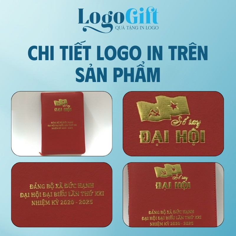 Quà tặng Đại Hội in logo sổ da dán gáy màu đỏ LG-SD06