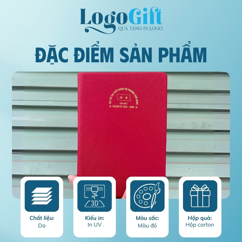 In logo lên sổ da quà tặng Đại Hội màu đỏ LG-SD08