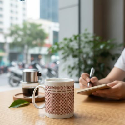 Cốc sứ quà tặng in logo dáng trụ quai C hoa lưới đỏ LG-CS19