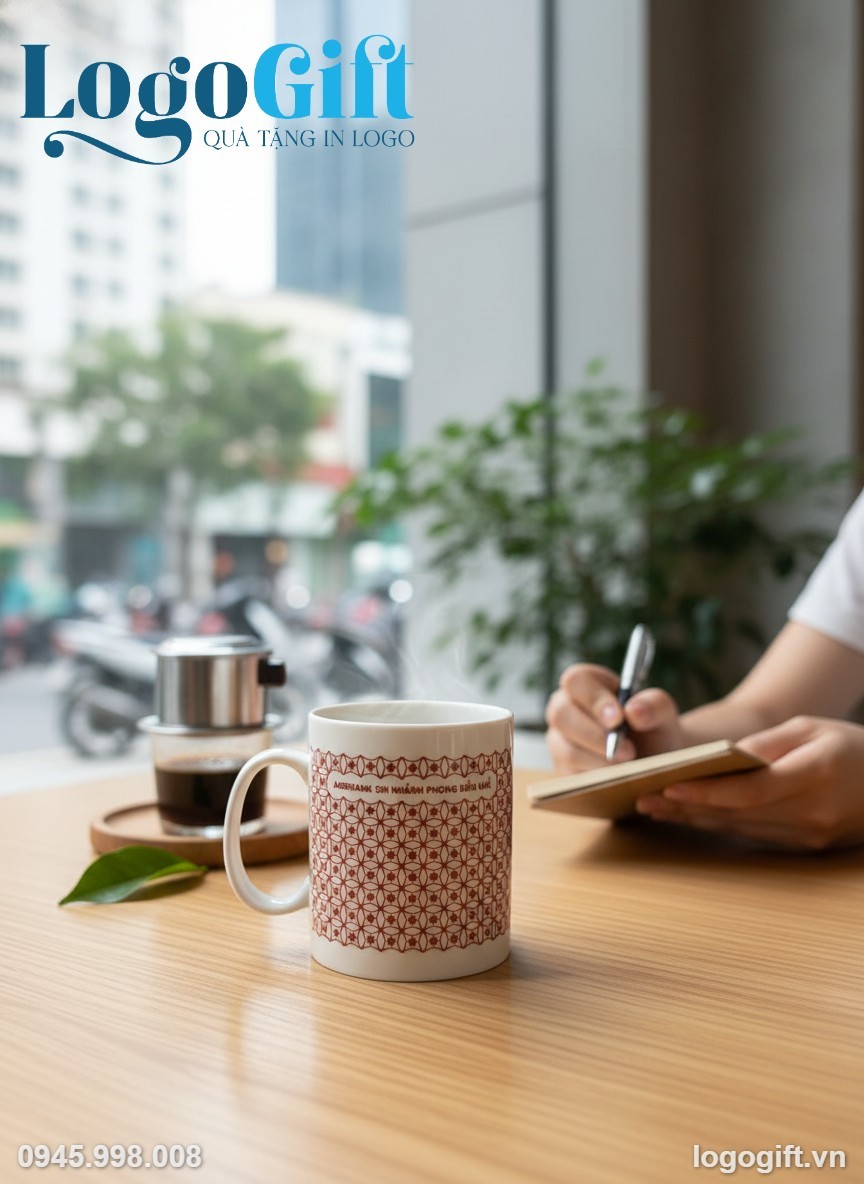 Cốc sứ quà tặng in logo dáng trụ quai C hoa lưới đỏ LG-CS19