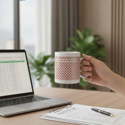 Cốc sứ quà tặng in logo dáng trụ quai C hoa lưới đỏ LG-CS19