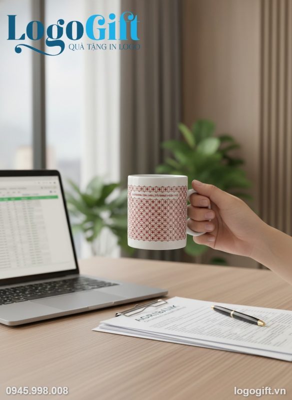 Cốc sứ quà tặng in logo dáng trụ quai C hoa lưới đỏ LG-CS19