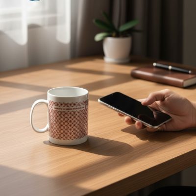 Cốc sứ quà tặng in logo dáng trụ quai C hoa lưới đỏ LG-CS19