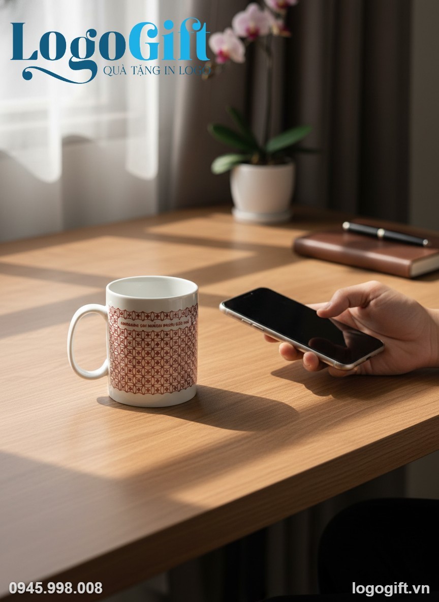Cốc sứ quà tặng in logo dáng trụ quai C hoa lưới đỏ LG-CS19