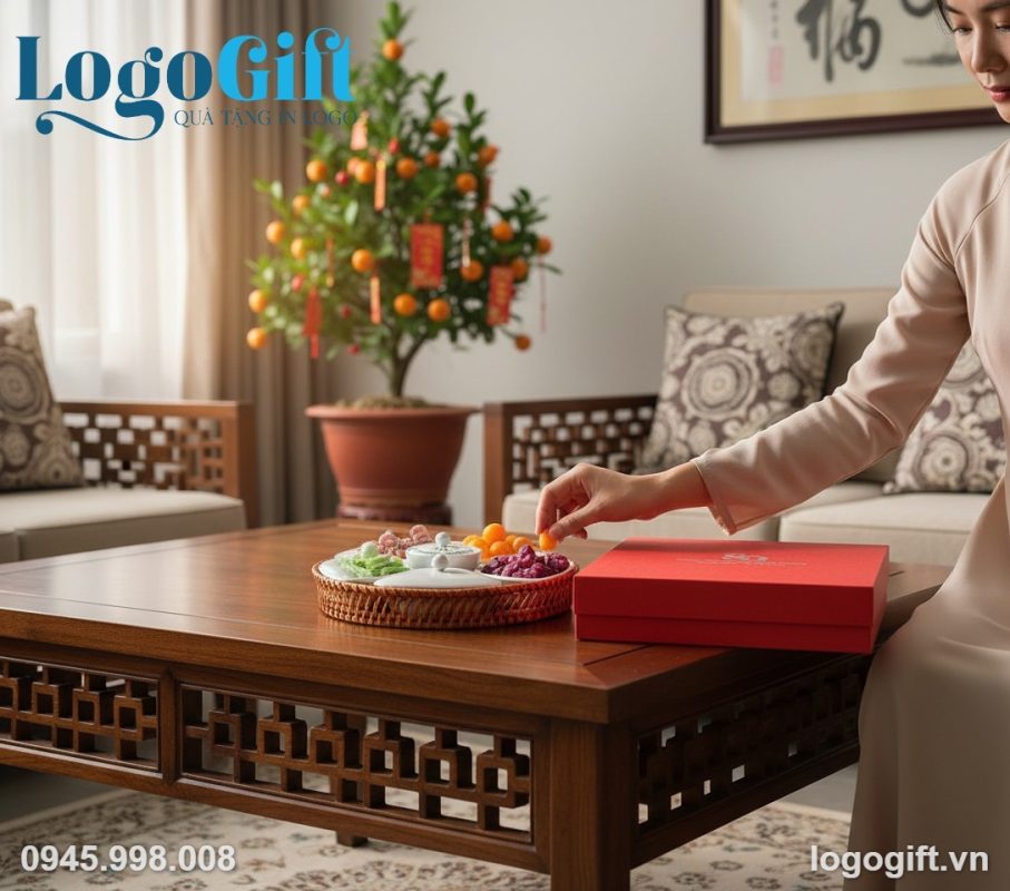 Khay mứt sứ quà tặng in logo kỷ niệm 5 cánh hoa đào khay mây LG-KM06