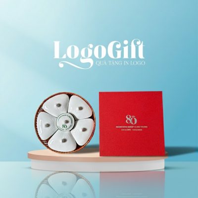 Khay mứt sứ quà tặng in logo kỷ niệm 5 cánh hoa đào khay mây LG-KM06