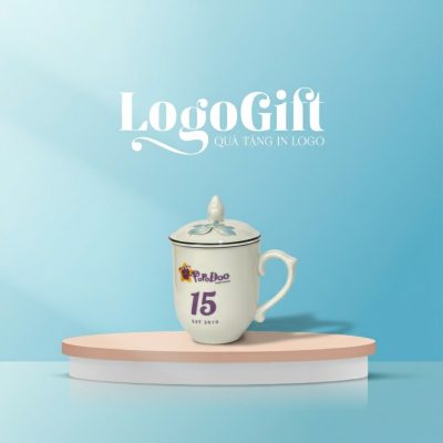 Ly Sứ In Logo Quà Tặng Kỷ Niệm Dáng Ngọn Lửa Hoa Sen Xanh