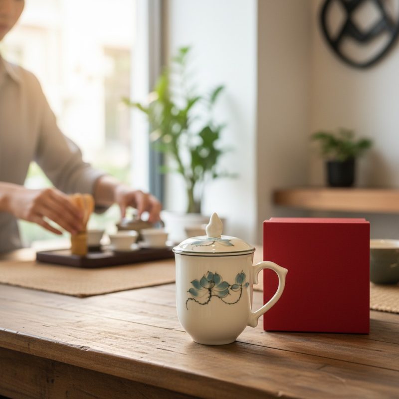 Ly Sứ In Logo Quà Tặng Kỷ Niệm Dáng Ngọn Lửa Hoa Sen Xanh