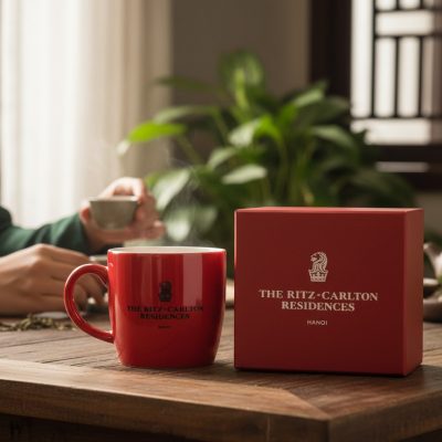 Cốc Sứ In Logo Bát Tràng Men Đỏ 300ml - Quà Tặng Doanh Nghiệp