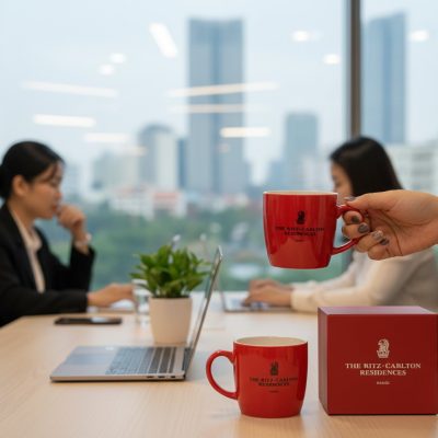 Cốc Sứ In Logo Bát Tràng Men Đỏ 300ml - Quà Tặng Doanh Nghiệp