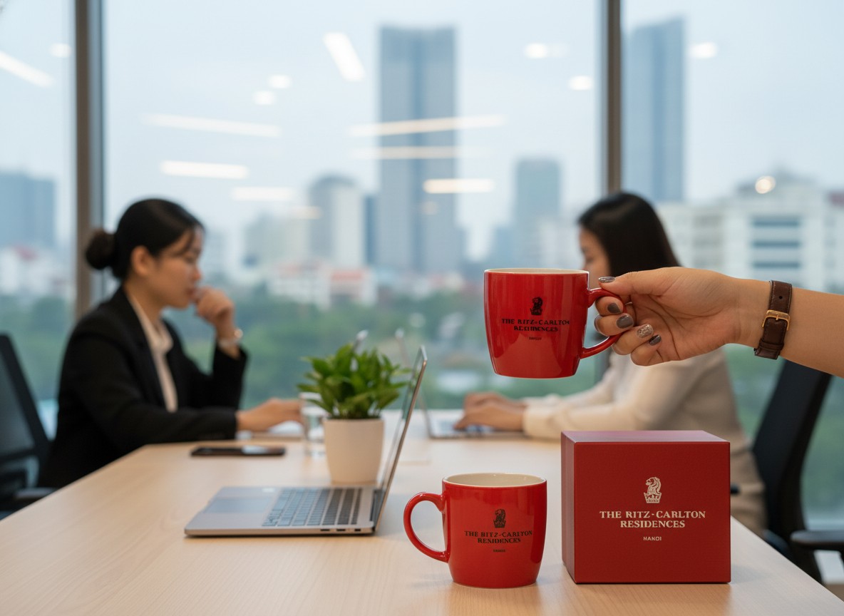 Cốc Sứ In Logo Bát Tràng Men Đỏ 300ml - Quà Tặng Doanh Nghiệp