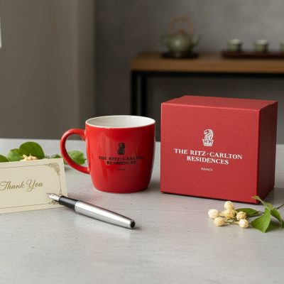 Cốc Sứ In Logo Bát Tràng Men Đỏ 300ml - Quà Tặng Doanh Nghiệp